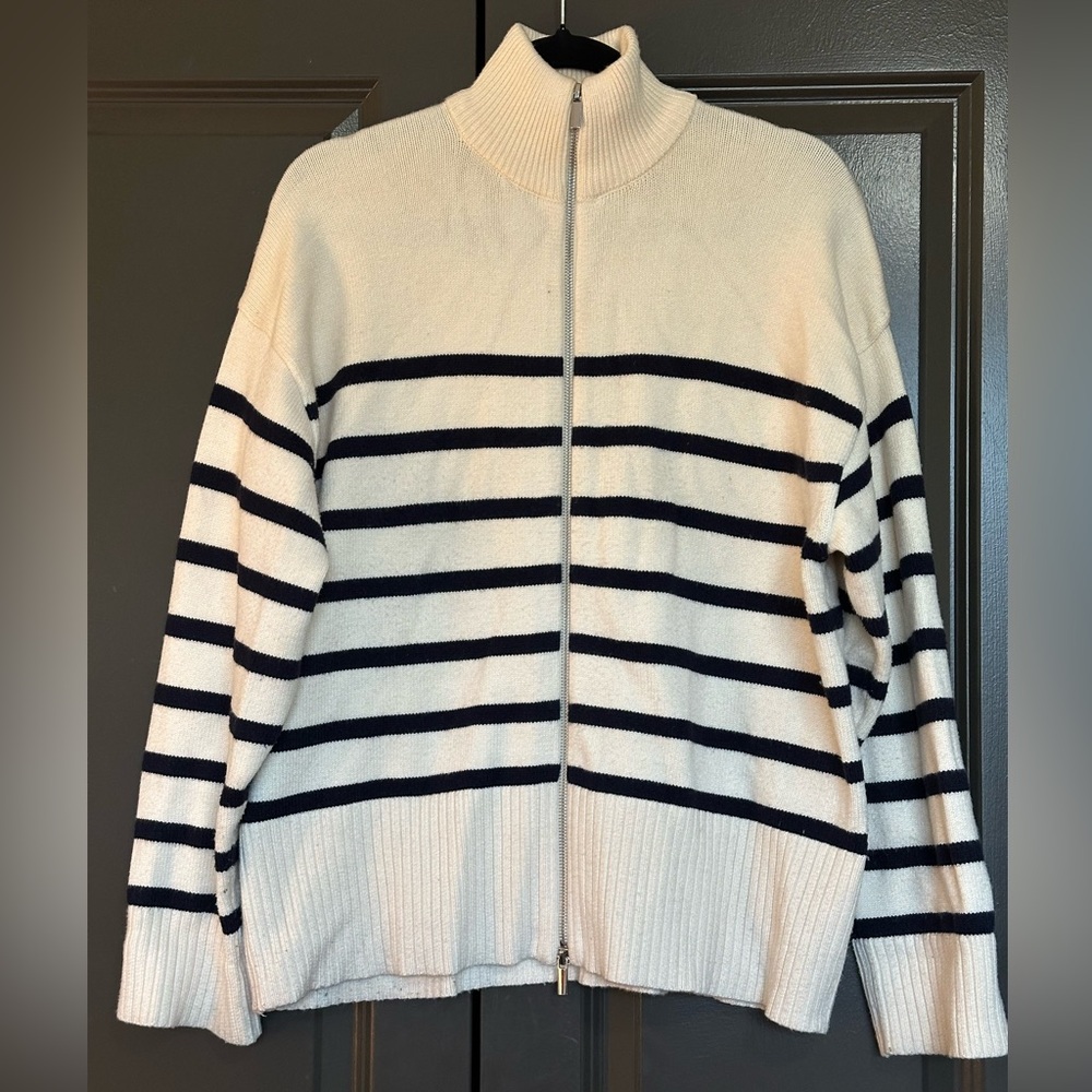 ZARA Cream & Navy Striped Zip-Up Sweater — Double Zipper — Size M - Picture 1 of 8